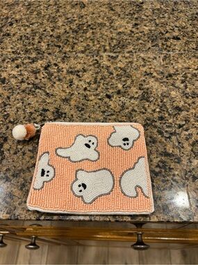 Plush Beaded Ghost Zip Pouch - Peach and White